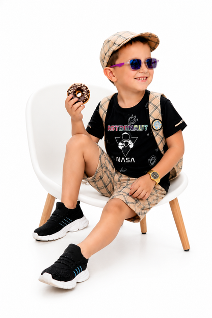 Checkmate Style: Printed Tee + Checked Waistcoat Set for Boys!
