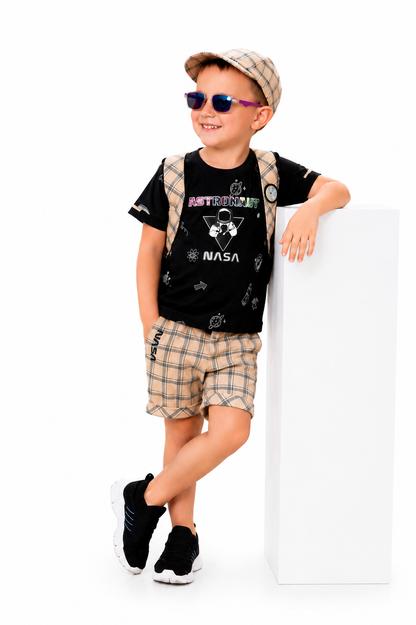 Checkmate Style: Printed Tee + Checked Waistcoat Set for Boys!