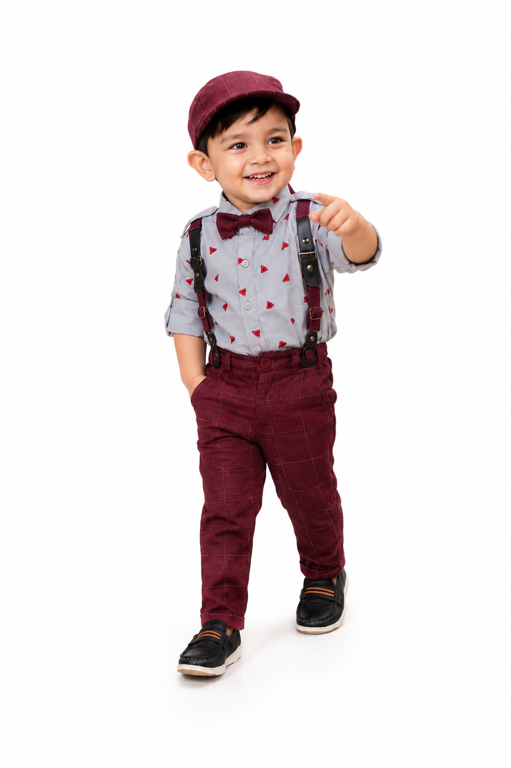 Checkmate Coolness! Printed Shirt, Checkered Bottoms, Cap, Suspender Swag Set.