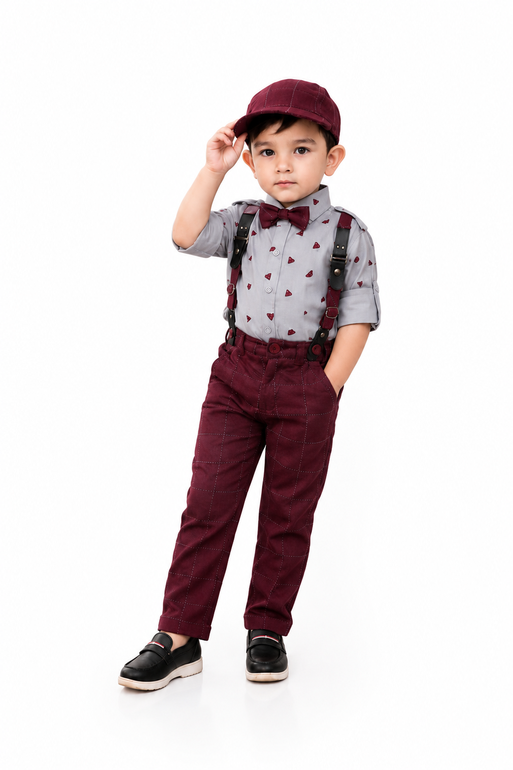 Checkmate Coolness! Printed Shirt, Checkered Bottoms, Cap, Suspender Swag Set.