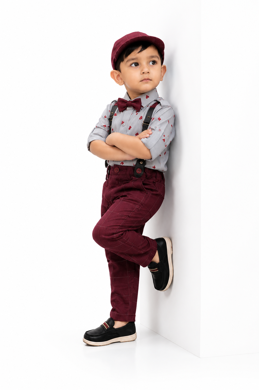 Checkmate Coolness! Printed Shirt, Checkered Bottoms, Cap, Suspender Swag Set.