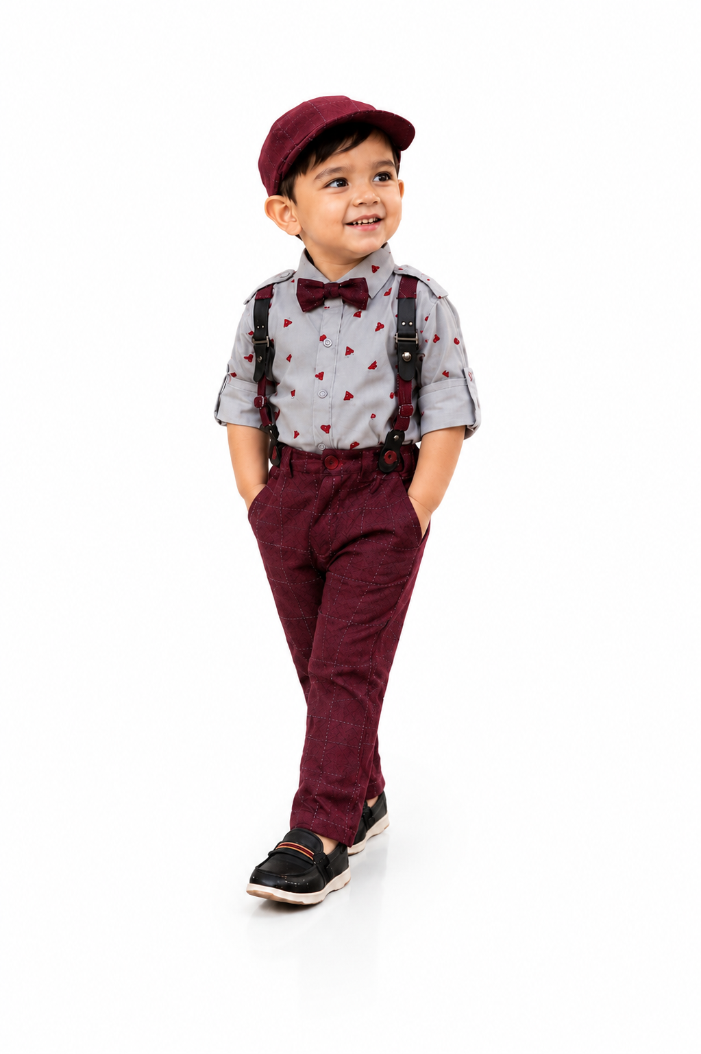 Checkmate Coolness! Printed Shirt, Checkered Bottoms, Cap, Suspender Swag Set.
