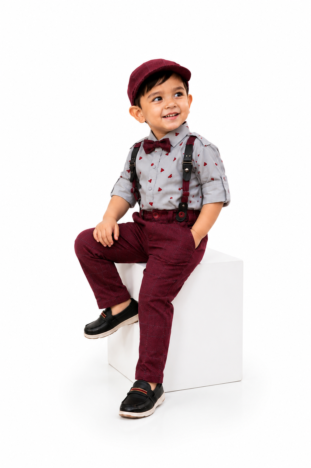 Checkmate Coolness! Printed Shirt, Checkered Bottoms, Cap, Suspender Swag Set.