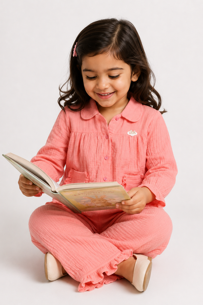 Ruffle Pocket Muslin Co-Ord Set-PINK