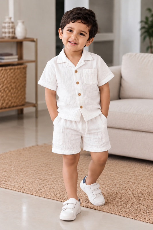 Cotton Muslin Shorts Co-Ord Set for Boys - White