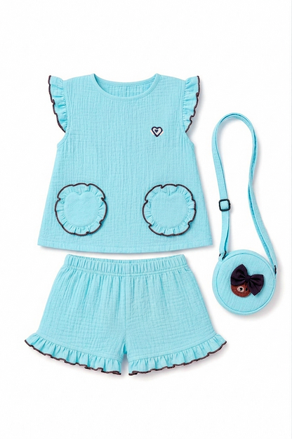 Ruffle Co-Ord Set with Sling Bag-BLUE