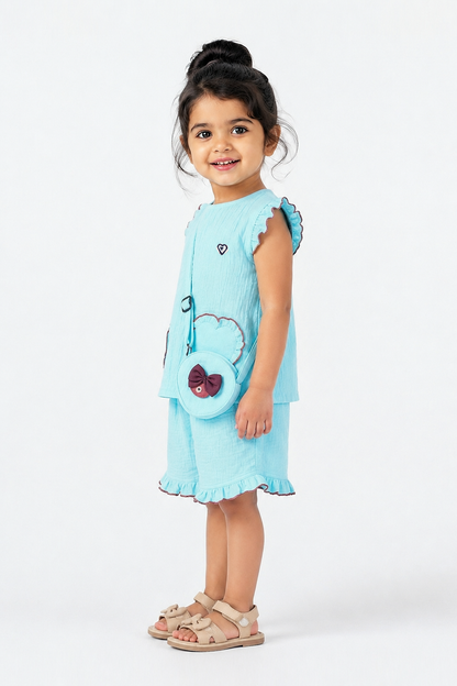 Ruffle Co-Ord Set with Sling Bag-BLUE