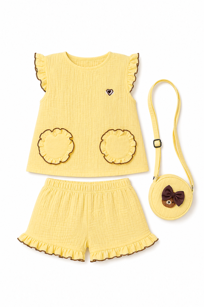 Ruffle Co-Ord Set with Sling Bag-YELLOW