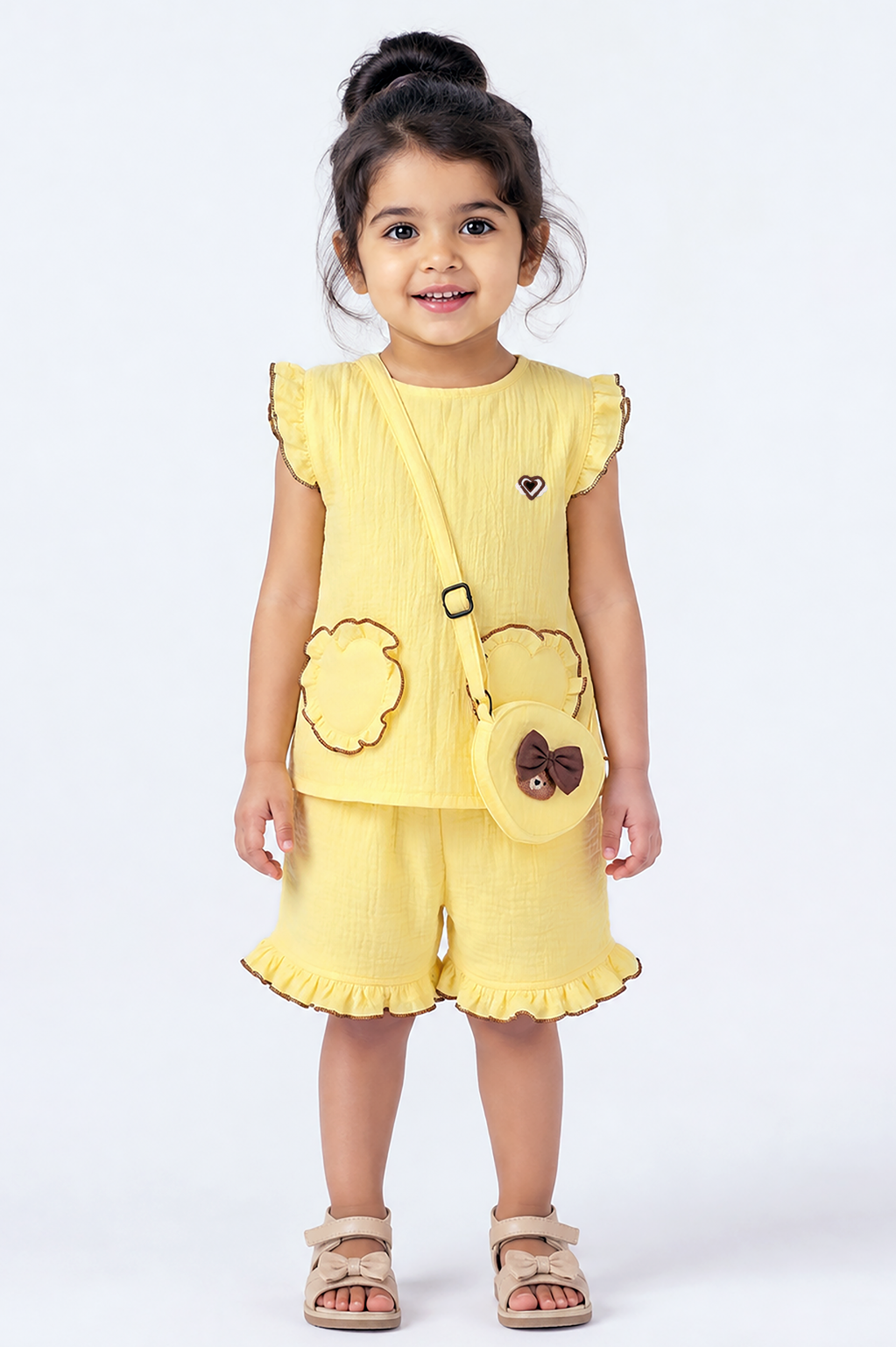Ruffle Co-Ord Set with Sling Bag-YELLOW