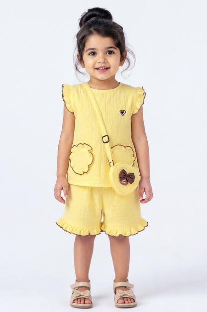 Ruffle Co-Ord Set with Sling Bag-YELLOW