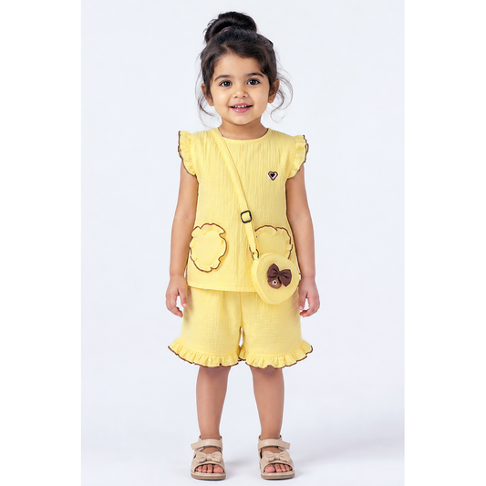 Cotton Muslin Ruffle Co-Ord Set with Sling Bag - Yellow