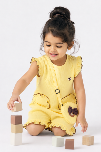 Ruffle Co-Ord Set with Sling Bag-YELLOW