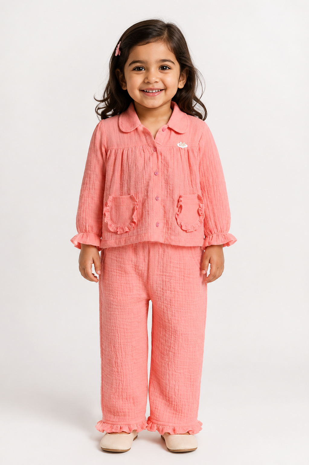 Ruffle Pocket Muslin Co-Ord Set-PINK