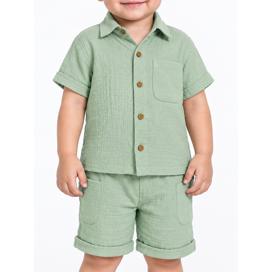 Cotton Muslin Shorts Co-Ord Set for Boys - Green