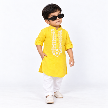 Festive Bloom Cotton Muslin Kurta & Pants Set-yellow