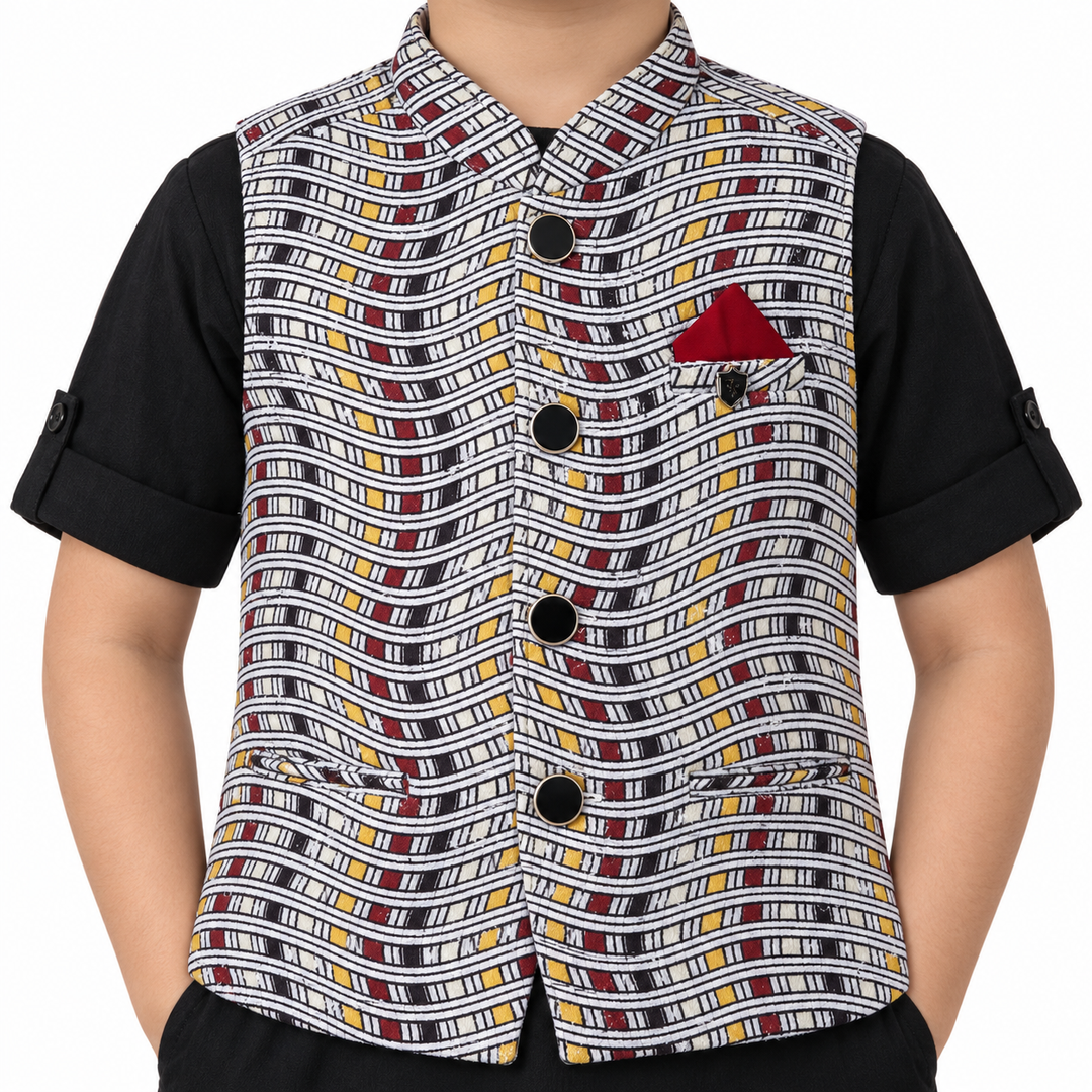 Checkered Chic: Boys' Festive Trio - Kurta, Waistcoat, Pajama Perfection!