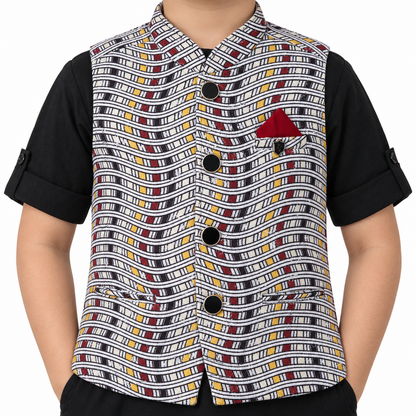 Checkered Chic: Boys' Festive Trio - Kurta, Waistcoat, Pajama Perfection!