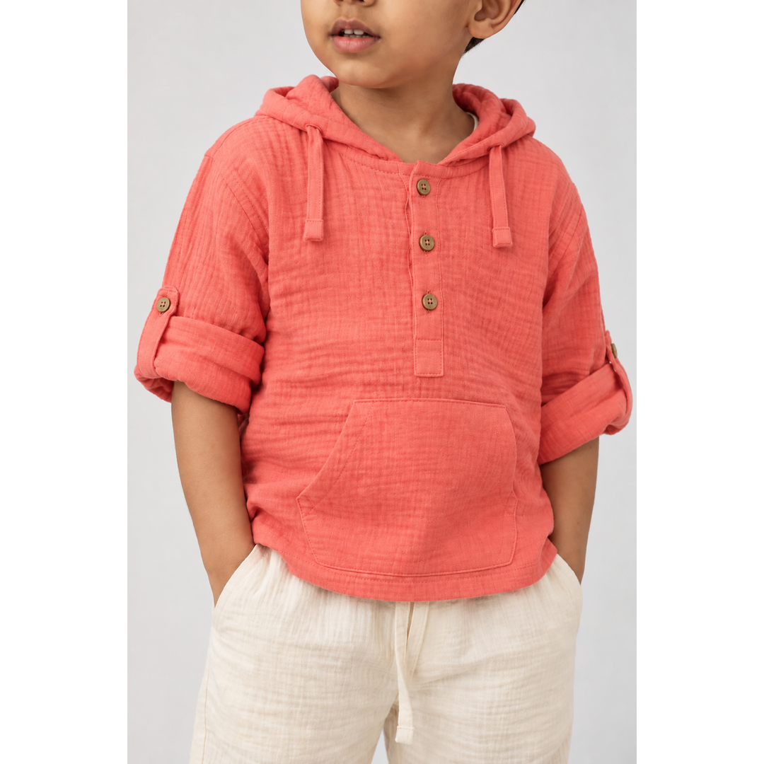 Cotton Muslin Hooded Co-Ord Set for Boys - Pink