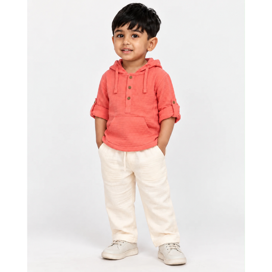 Cotton Muslin Hooded Co-Ord Set for Boys - Pink