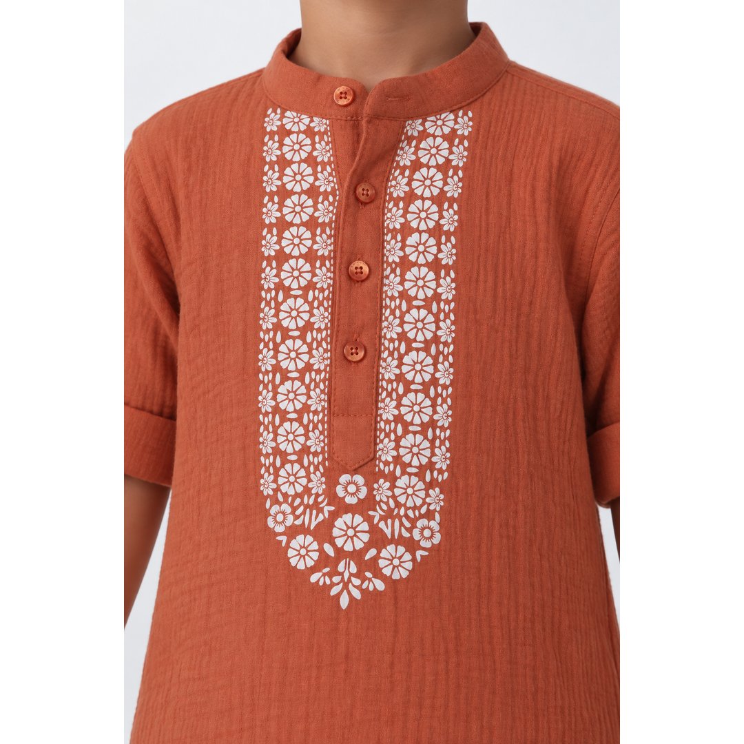 Festive Bloom Cotton Muslin Kurta & Pants Set-peach