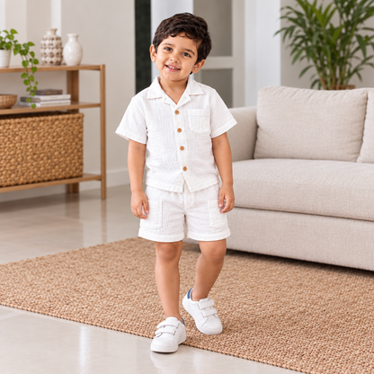 Cotton Muslin Shorts Co-Ord Set for Boys - White