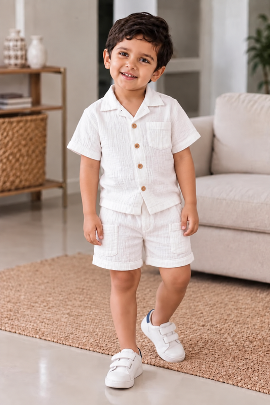 Cotton Muslin Shorts Co-Ord Set for Boys - White