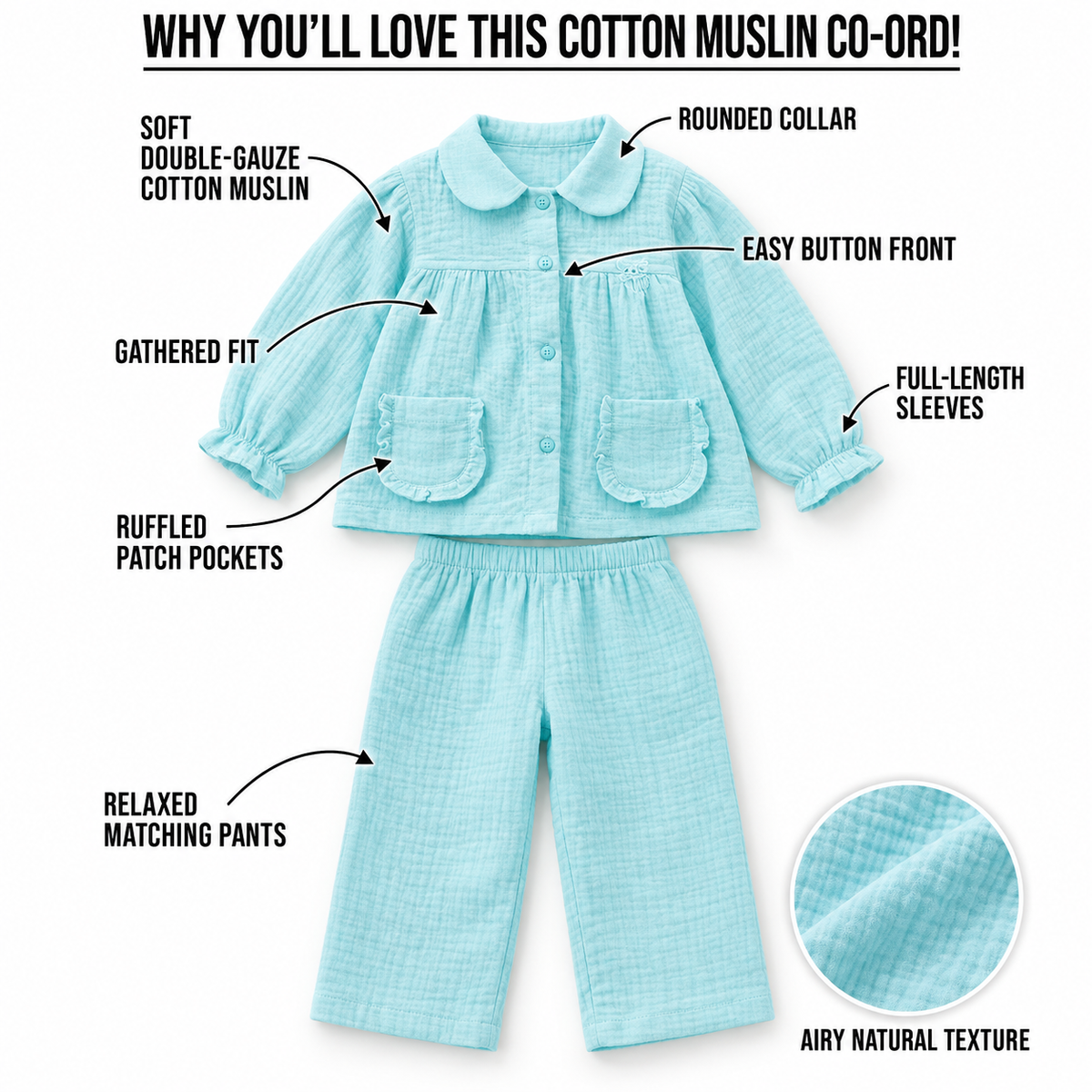 Cotton Muslin Flared Pants Co-Ord Set for Girls - Sky Blue