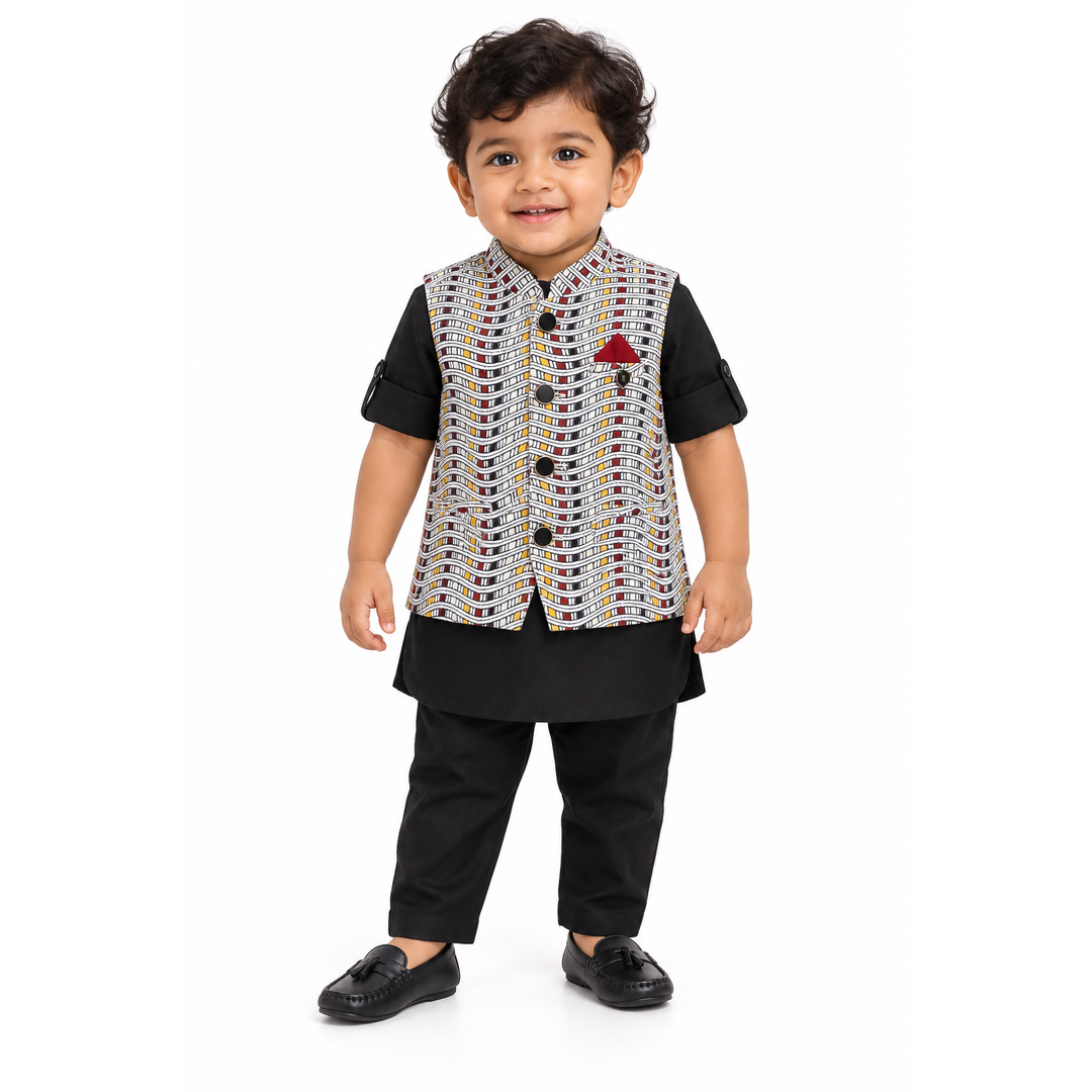 Checkered Chic: Boys' Festive Trio - Kurta, Waistcoat, Pajama Perfection!