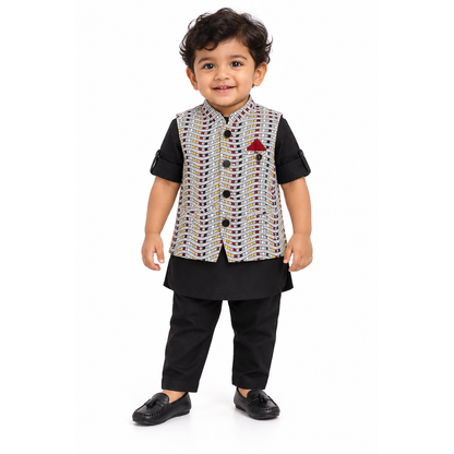 Checkered Chic: Boys' Festive Trio - Kurta, Waistcoat, Pajama Perfection!