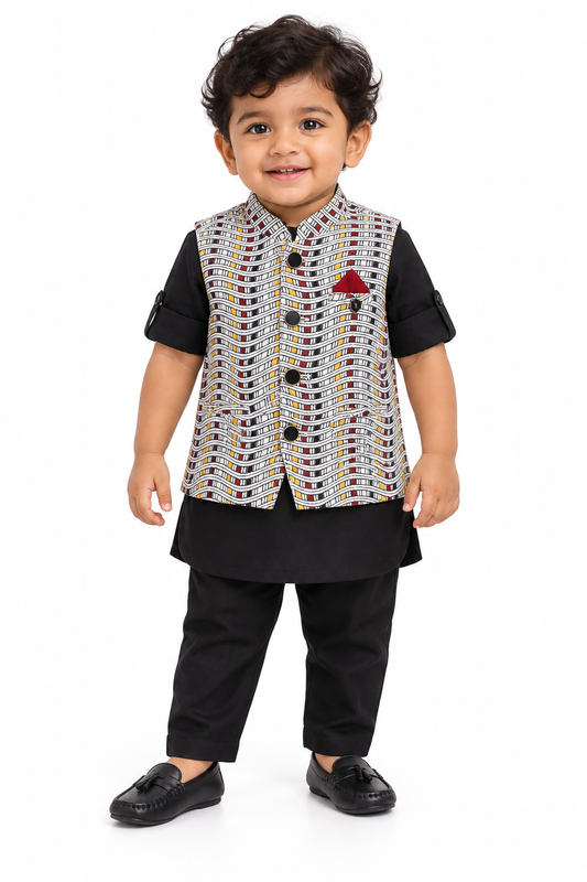 Checkered Chic: Boys' Festive Trio - Kurta, Waistcoat, Pajama Perfection!