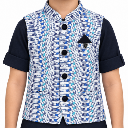 Checkered Chic: Boys' Festive Trio - Kurta, Waistcoat, Pajama Perfection!