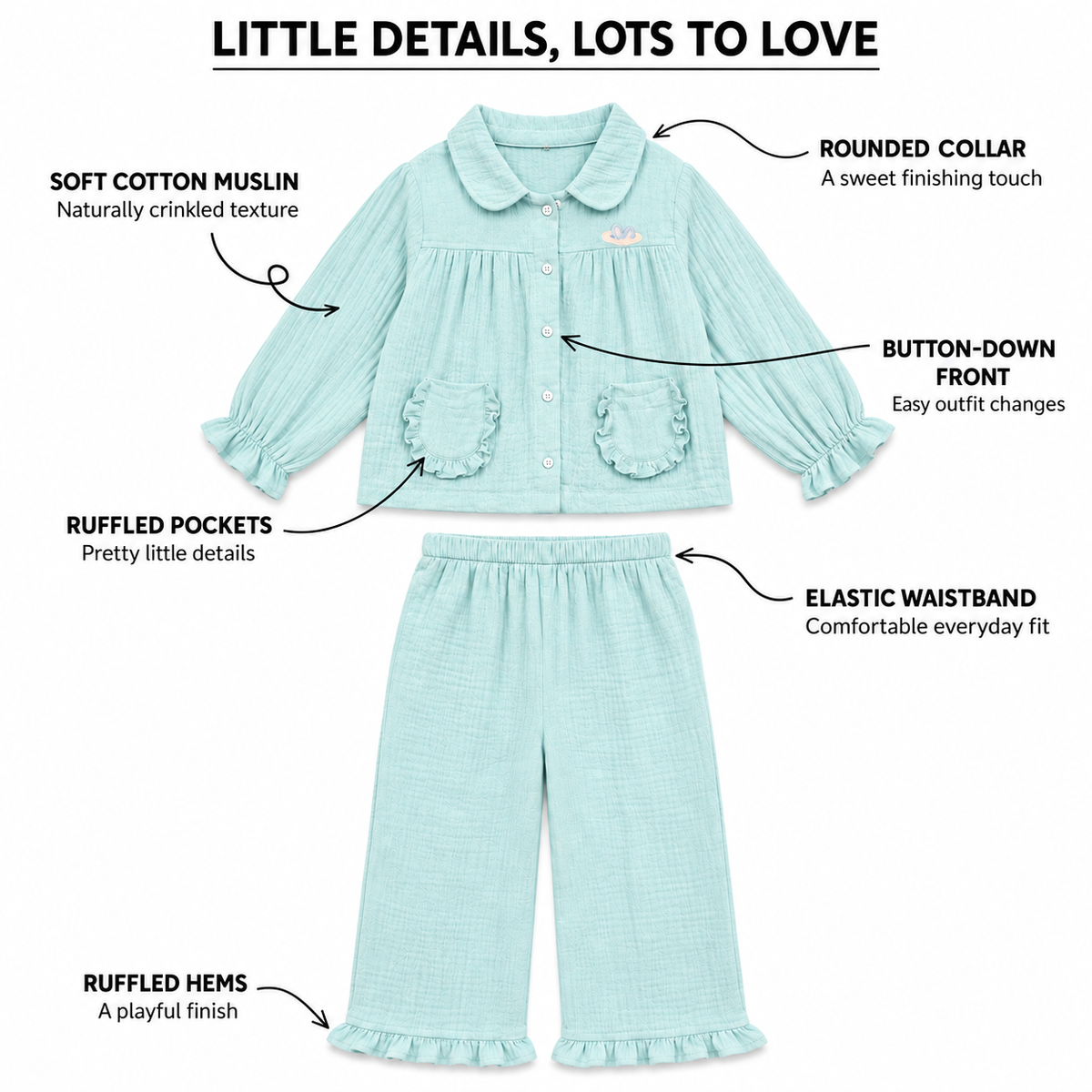 Cotton Muslin Flared Pants Co-Ord Set for Girls - Sky Blue