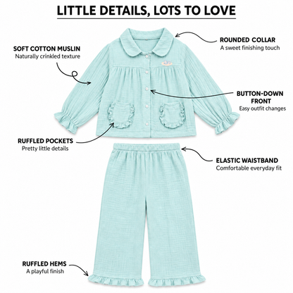 Cotton Muslin Flared Pants Co-Ord Set for Girls - Sky Blue