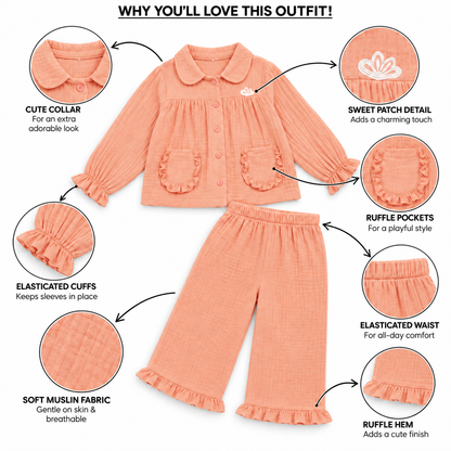 Cotton Muslin Flared Pants Co-Ord Set for Girls - Pink