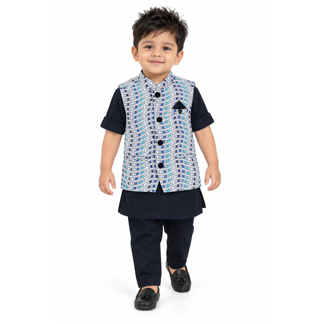 Checkered Chic: Boys' Festive Trio - Kurta, Waistcoat, Pajama Perfection!