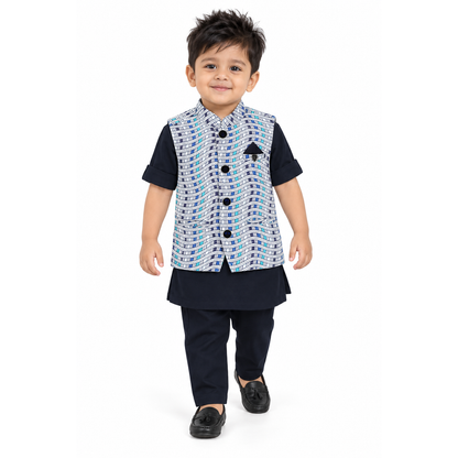 Checkered Chic: Boys' Festive Trio - Kurta, Waistcoat, Pajama Perfection!