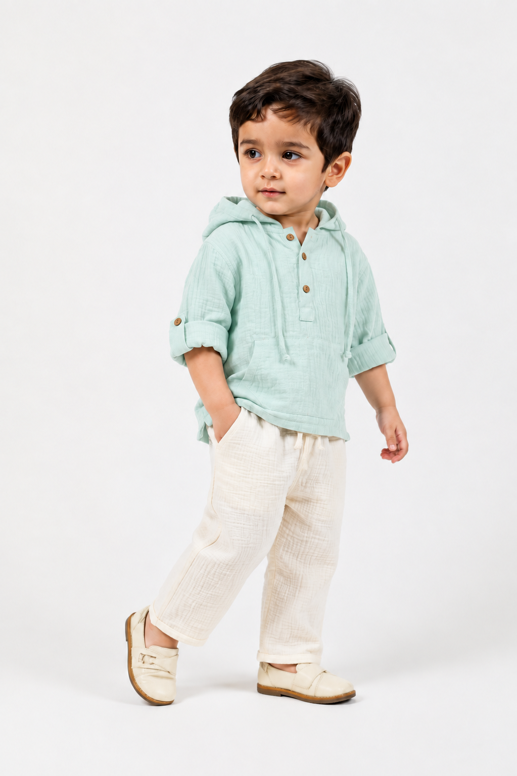 Cotton Muslin Hooded Co-Ord Set for Boys - Sky Blue