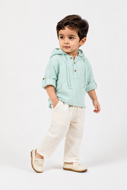 Cotton Muslin Hooded Co-Ord Set for Boys - Sky Blue