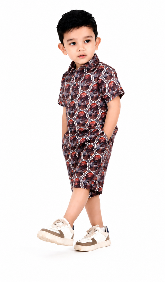 Royalty Brown Print Shirt and Shorts Superior Linen Co-ord Set for Boys!