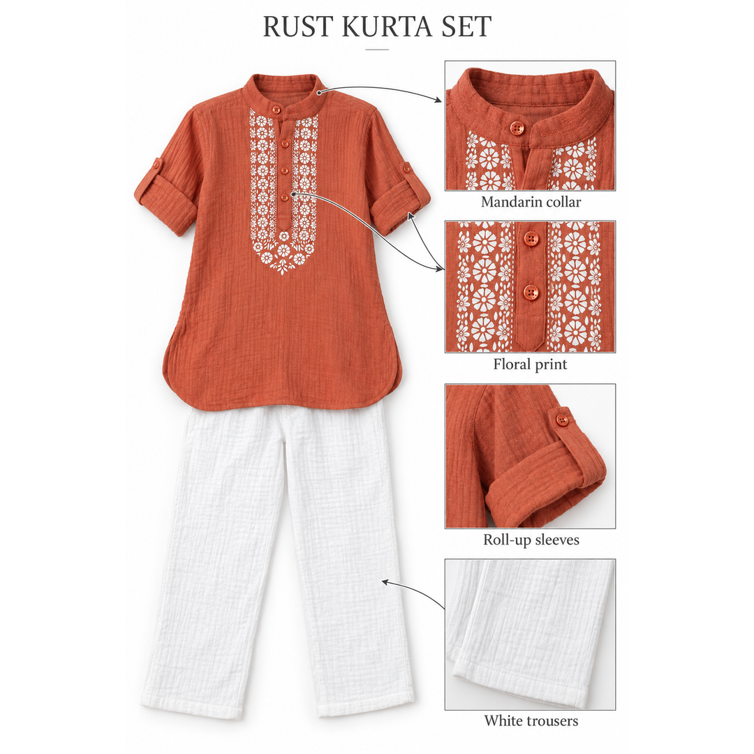 Festive Bloom Cotton Muslin Kurta & Pants Set-peach