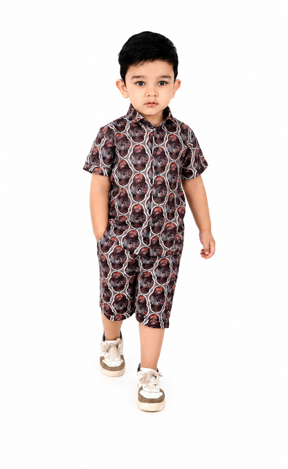 Royalty Brown Print Shirt and Shorts Superior Linen Co-ord Set for Boys!
