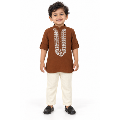 Festive Bloom Cotton Muslin Kurta & Pants Set-BROWN