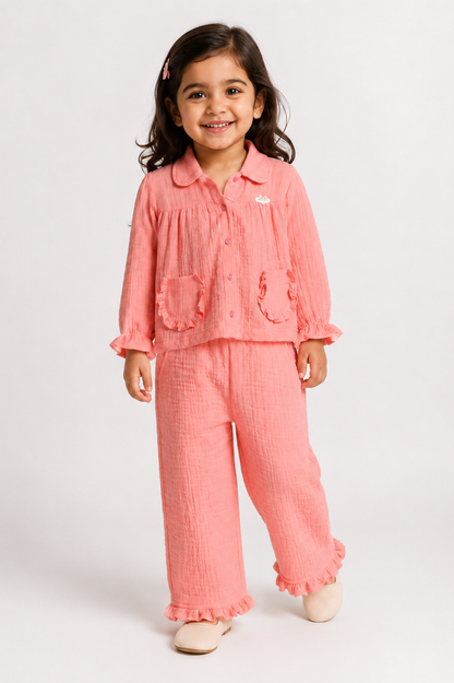 Ruffle Pocket Muslin Co-Ord Set-PINK