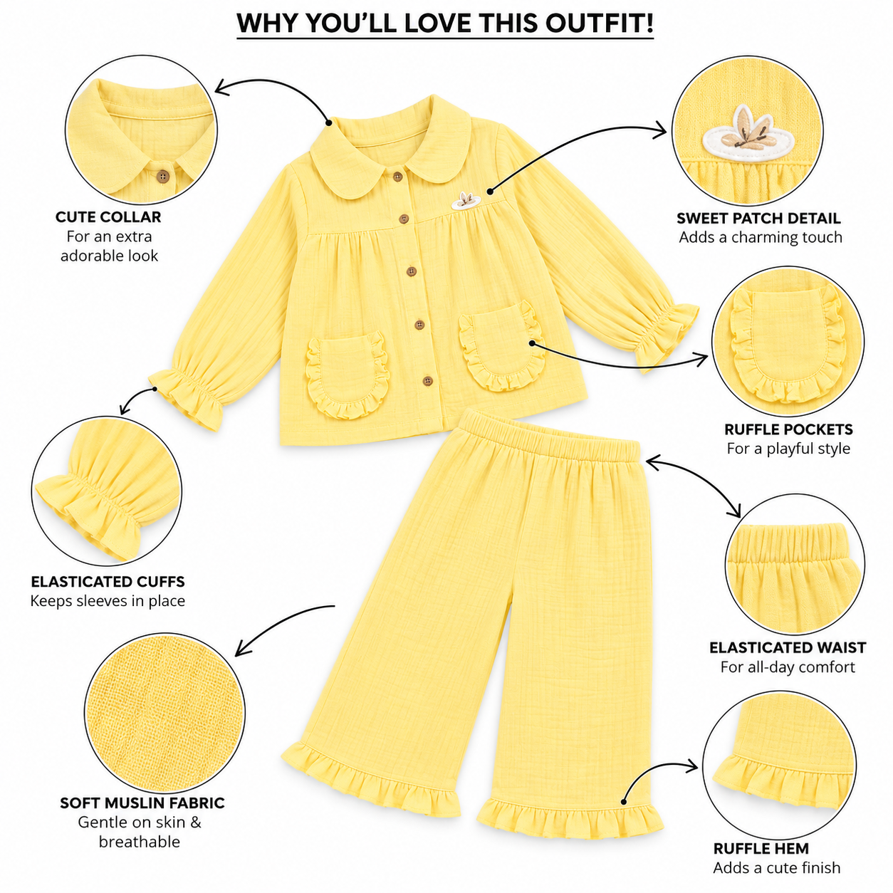 Cotton Muslin Flared Pants Co-Ord Set for Girls - Yellow