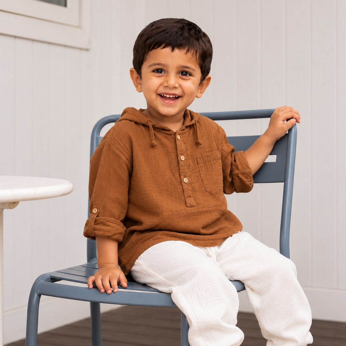 Cotton Muslin Hooded Co-Ord Set for Boys - brown