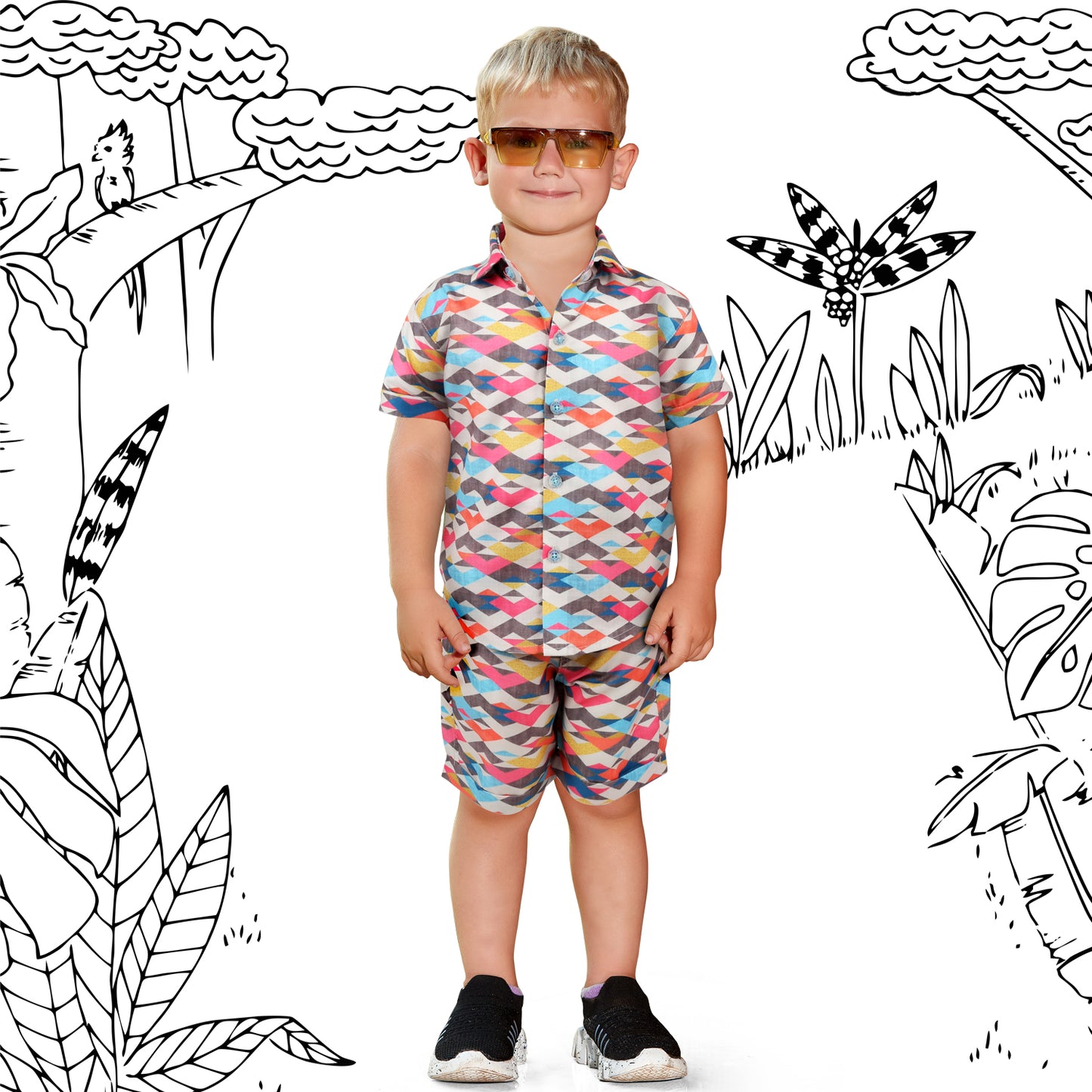 "Splash of Fun: Colorful Print Superior Linen Co-ord Set for Little Explorers!"