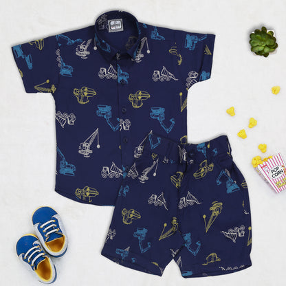 "Rev Up Playtime: Print Shirt + Shorts Superior Linen Co-ord Set for Boys!"