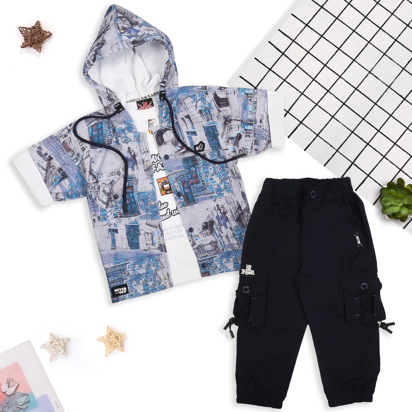 Trendy Printed Jacket, Fun Tee & Pants: Boys’ Casual Style