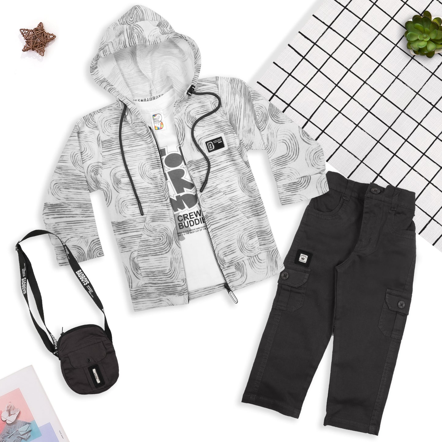 Printed Jacket, Fun Tee, Pants & Bag: Boys’ Casual Charm
