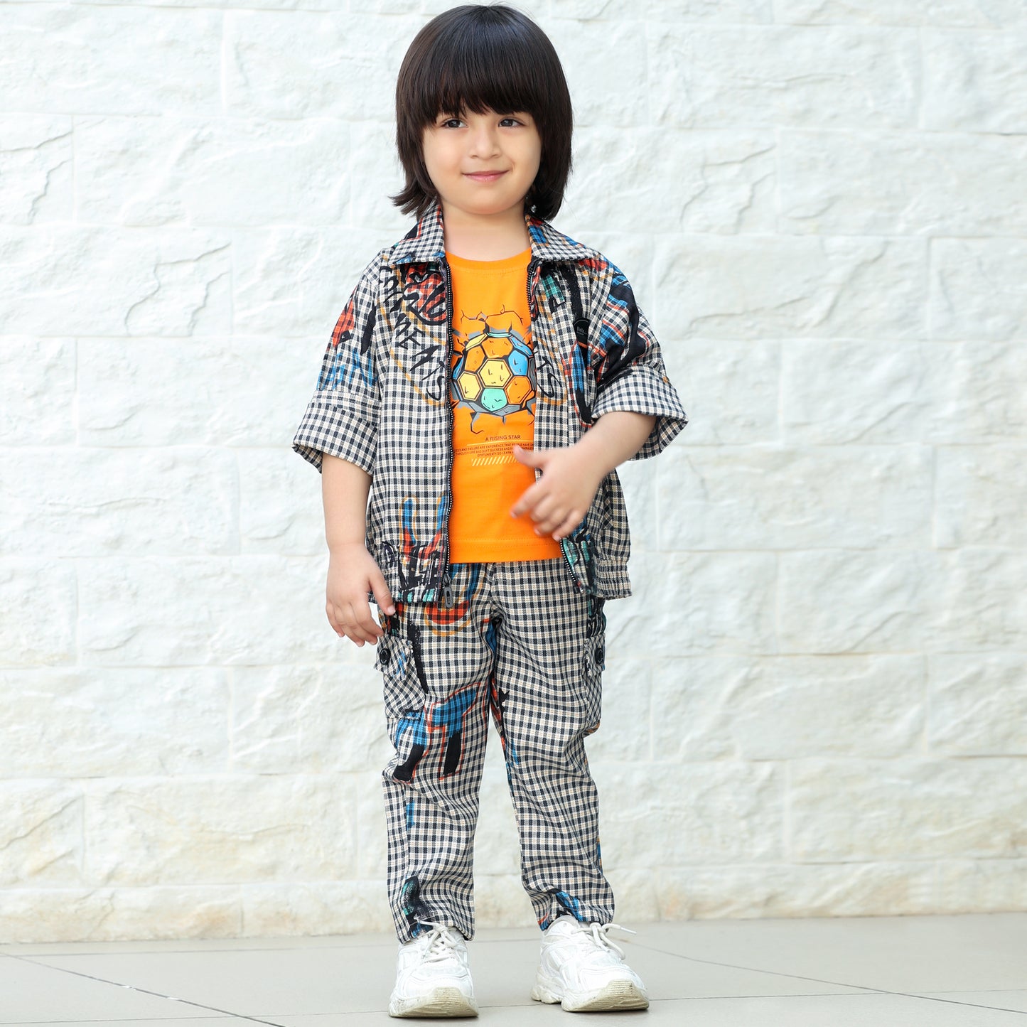 "Printed Jacket, Playful Tee & Joggers: Boys’ Casual Style Upgrade"